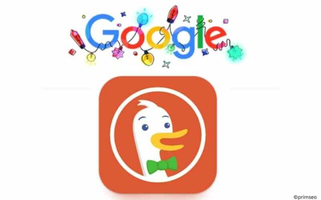 Symbole von Google als Schrift und DuckDuckGo mit der Ente