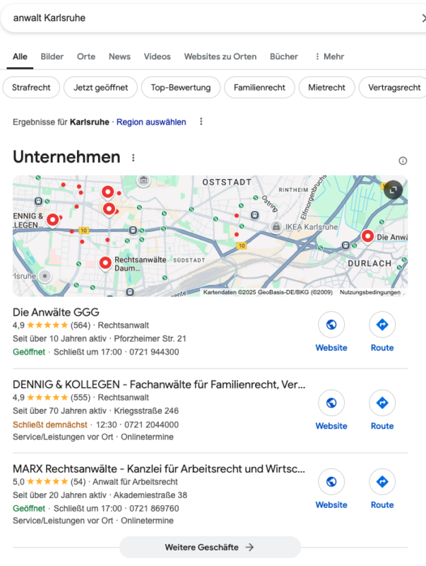 lokale Suchergebnisse für Anwalt Karlsruhe bei google